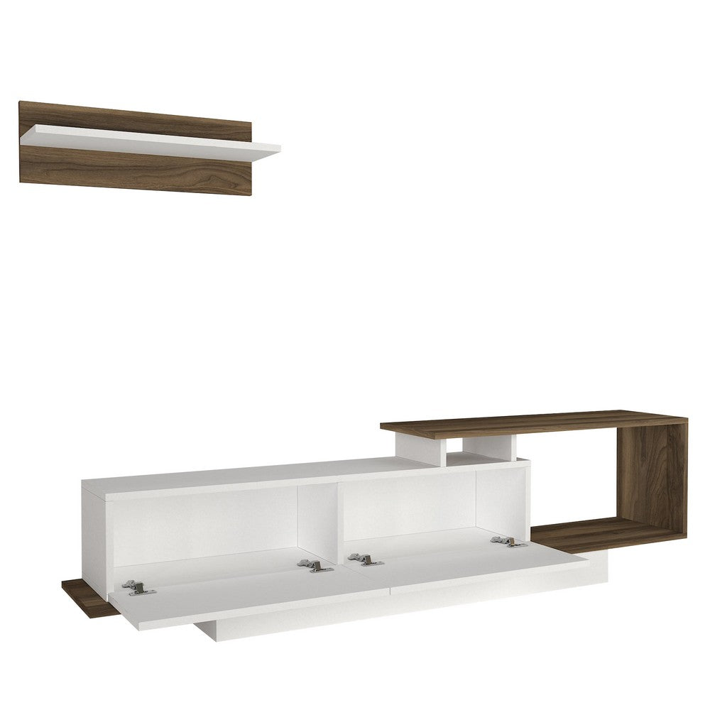 Seth 71 Inch Modern Wooden TV Console Entertainment Center with Floating Wall Shelf, 2 Piece Set, White and Brown - UPT-272749