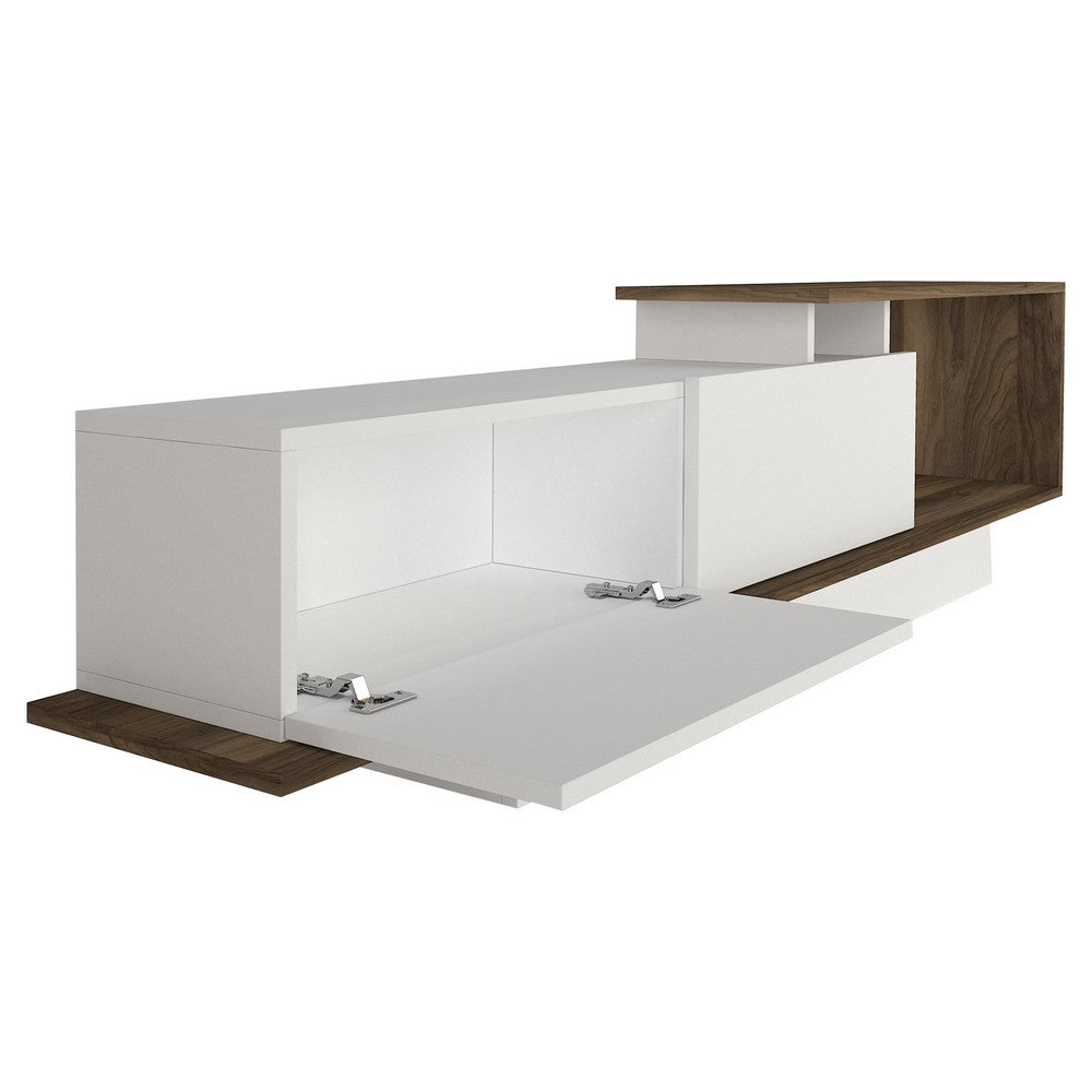 Seth 71 Inch Modern Wooden TV Console Entertainment Center with Floating Wall Shelf, 2 Piece Set, White and Brown - UPT-272749