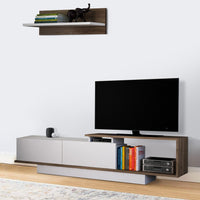 Seth 71 Inch Modern Wooden TV Console Entertainment Center with Floating Wall Shelf, 2 Piece Set, White and Brown - UPT-272749