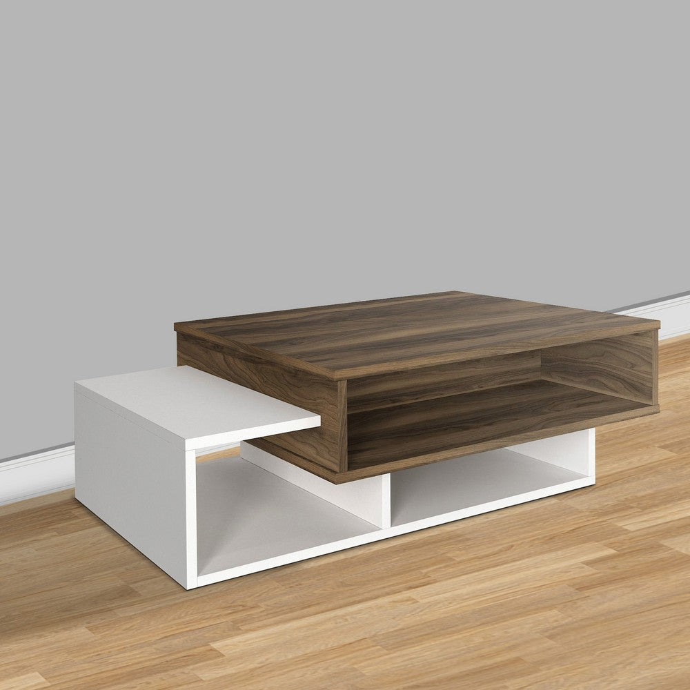 Belle 41 Inch Modern Wooden Rectangular Coffee Table with 3 Tier Storage, White and Brown - UPT-272752