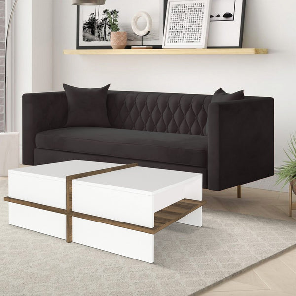 Belle 35 Inch Modern Wood Rectangular Coffee Table with Side Shelf, White and Brown - UPT-272753