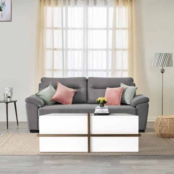 Belle 35 Inch Modern Wood Rectangular Coffee Table with Side Shelf, White and Brown - UPT-272753