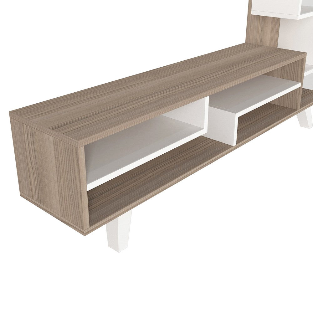 59 Inch Modern Wood TV Console Entertainment Center, Stacked Shelves, White and Oak Brown - UPT-272756