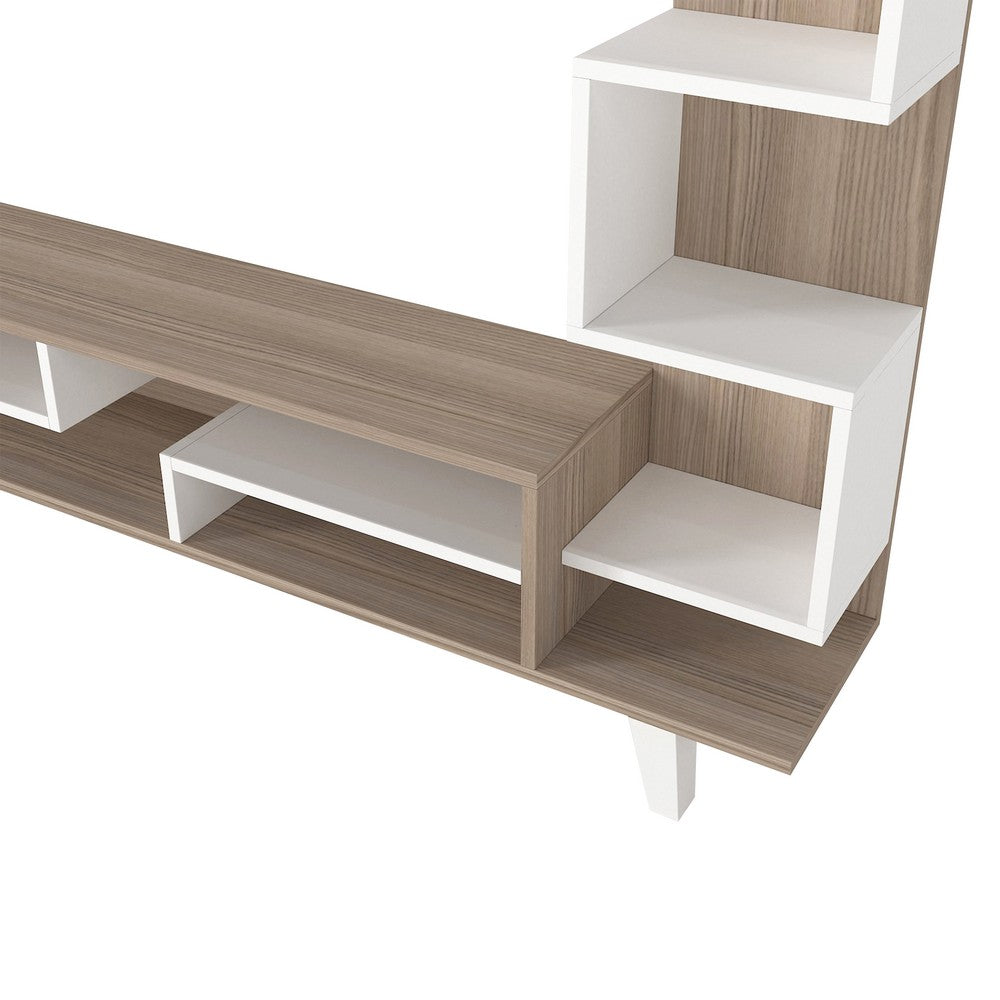 59 Inch Modern Wood TV Console Entertainment Center, Stacked Shelves, White and Oak Brown - UPT-272756