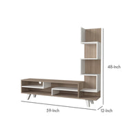 59 Inch Modern Wood TV Console Entertainment Center, Stacked Shelves, White and Oak Brown - UPT-272756