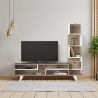 59 Inch Modern Wood TV Console Entertainment Center, Stacked Shelves, White and Oak Brown - UPT-272756