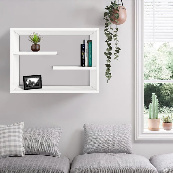 24 Inch Decorative Rectangular Wood Floating Wall Shelf with 3 Tier Storage, White - UPT-272758