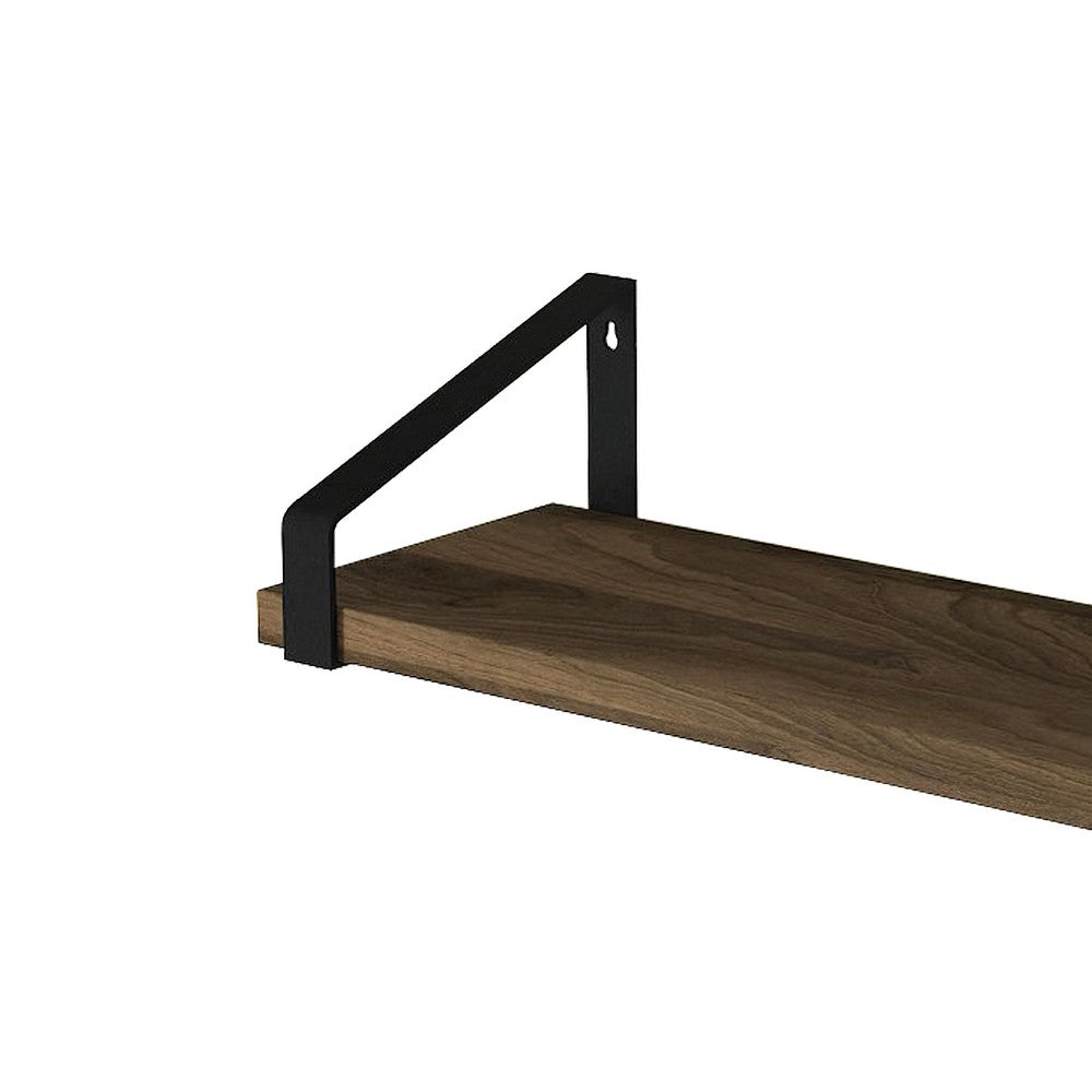 Joel 18 Inch Industrial Rectangular Wood and Metal Floating Wall Shelf, Grain Details, Walnut Brown, Black - UPT-272759