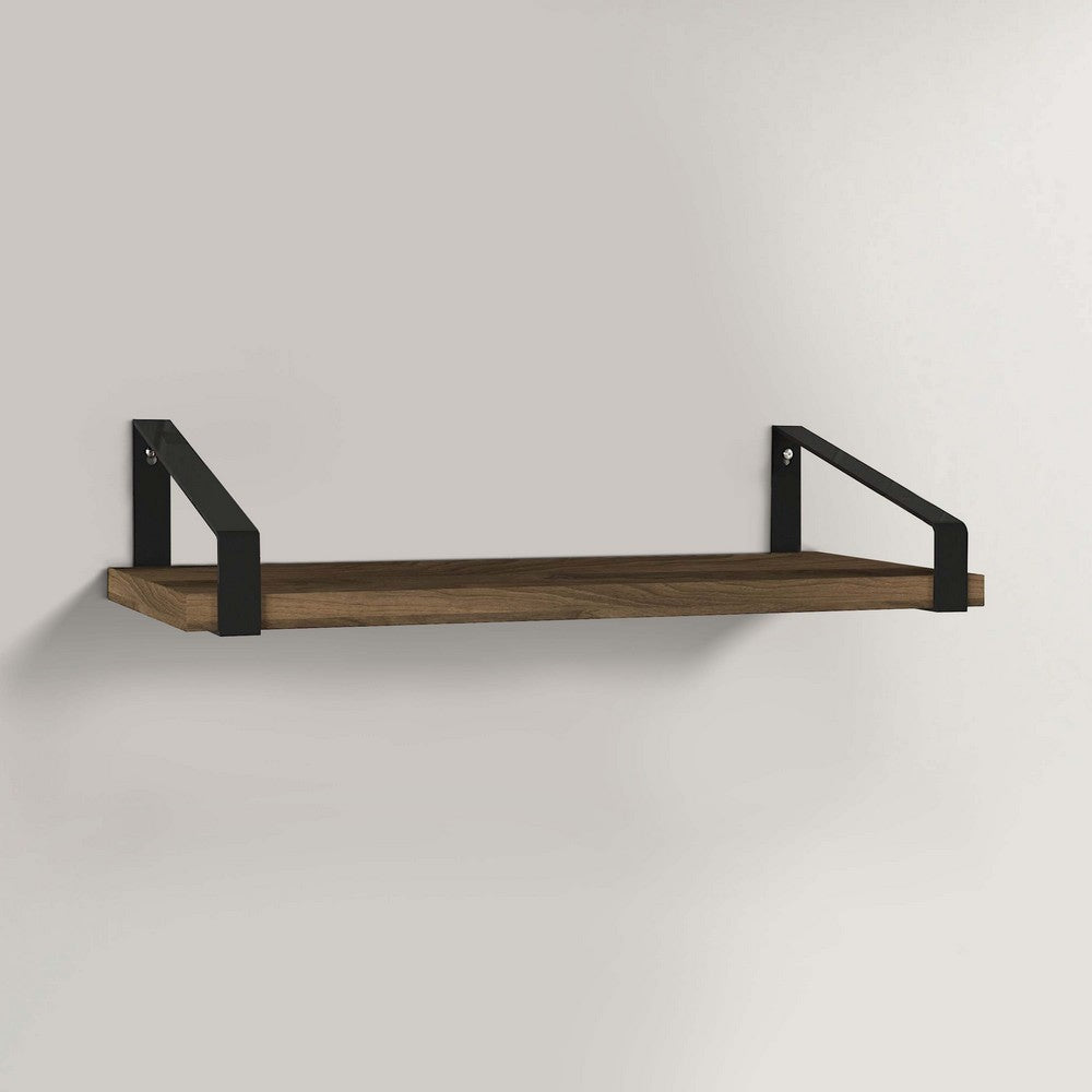Joel 18 Inch Industrial Rectangular Wood and Metal Floating Wall Shelf, Grain Details, Walnut Brown, Black - UPT-272759