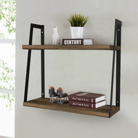 Joel 18 Inch Rectangular 2 Tier Wood Floating Wall Mount Shelf with Metal Frame, Brown and Black - UPT-272760
