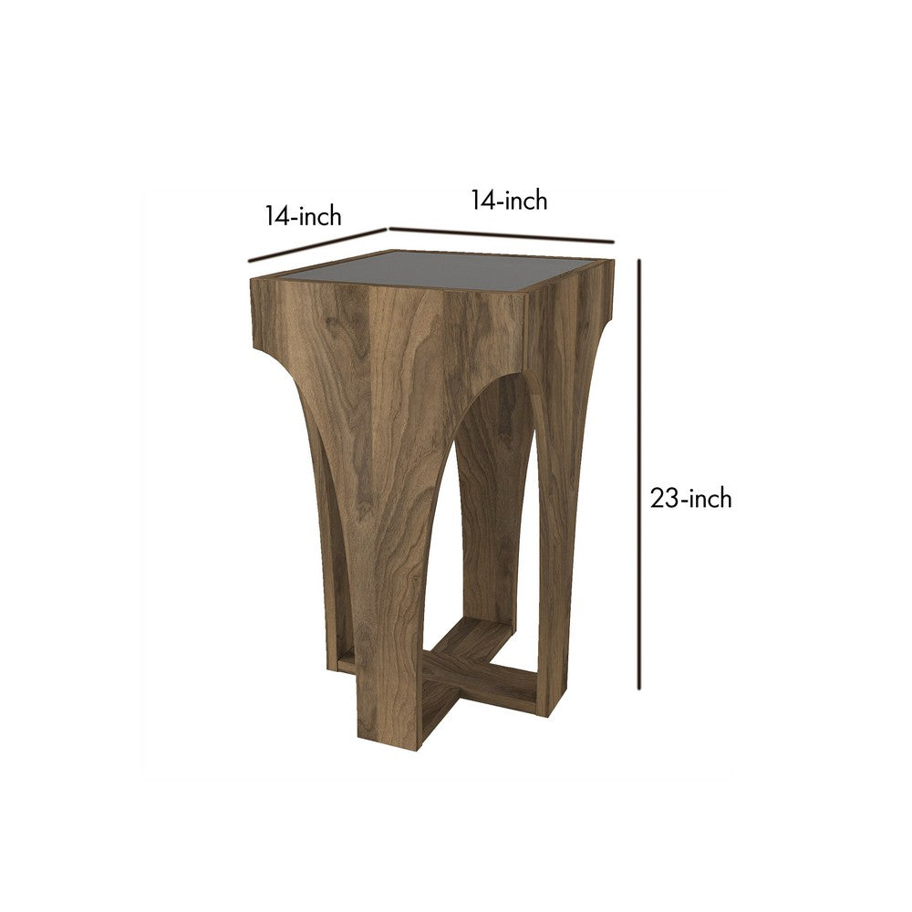 23 Inch Rectangular Glass Top Side Table, Chiseled Arch Panel Legs, Walnut, Smokey Black - UPT-272761