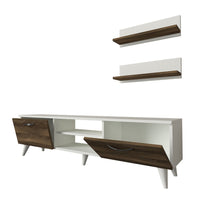 59 Inch Wood TV Console Entertainment Center, 2 Drop Down Doors, 2 Wall Shelves, Walnut, White - UPT-272762