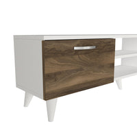 59 Inch Wood TV Console Entertainment Center, 2 Drop Down Doors, 2 Wall Shelves, Walnut, White - UPT-272762