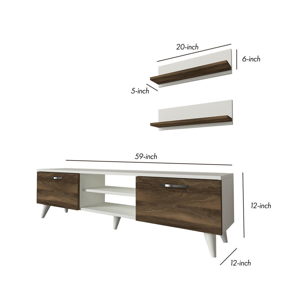 59 Inch Wood TV Console Entertainment Center, 2 Drop Down Doors, 2 Wall Shelves, Walnut, White - UPT-272762