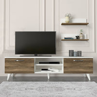 59 Inch Wood TV Console Entertainment Center, 2 Drop Down Doors, 2 Wall Shelves, Walnut, White - UPT-272762