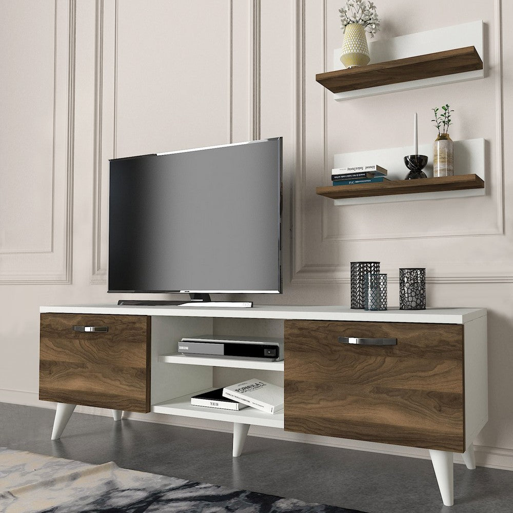 59 Inch Wood TV Console Entertainment Center, 2 Drop Down Doors, 2 Wall Shelves, Walnut, White - UPT-272762