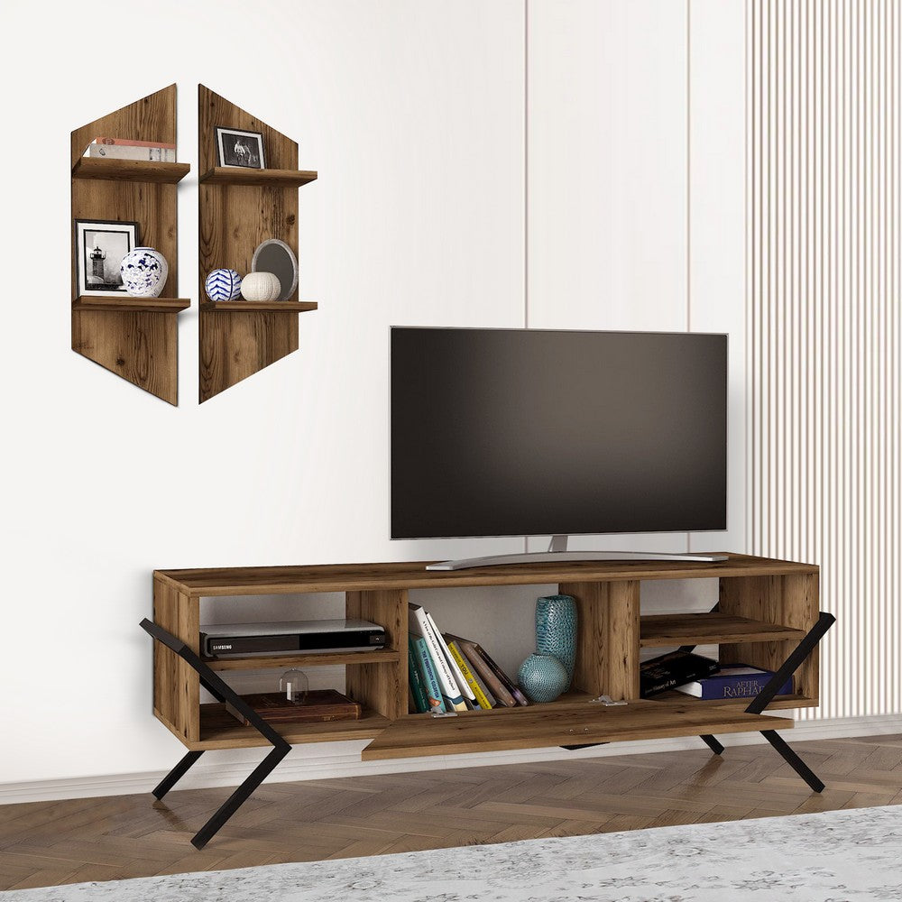 55 Inch Wood TV Console Entertainment Center, 1 Drop Down Door, 2 Wall Shelves, Walnut, Black - UPT-272763