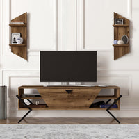 55 Inch Wood TV Console Entertainment Center, 1 Drop Down Door, 2 Wall Shelves, Walnut, Black - UPT-272763