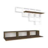 71 Inch Wall Mount TV Console Entertainment Cabinet, 3 Doors, 1 Floating Shelf, Light Walnut, White - UPT-272764