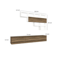 71 Inch Wall Mount TV Console Entertainment Cabinet, 3 Doors, 1 Floating Shelf, Light Walnut, White - UPT-272764