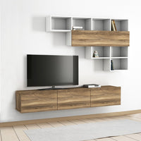 71 Inch Wall Mount TV Console Entertainment Cabinet, 3 Doors, 1 Floating Shelf, Light Walnut, White - UPT-272764