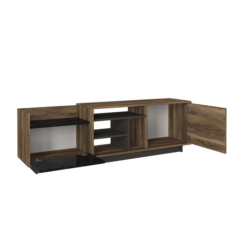 71 Inch Modern Wooden TV Console Cabinet, 2 Doors, 4 Open Compartments, Walnut and Black - UPT-272765