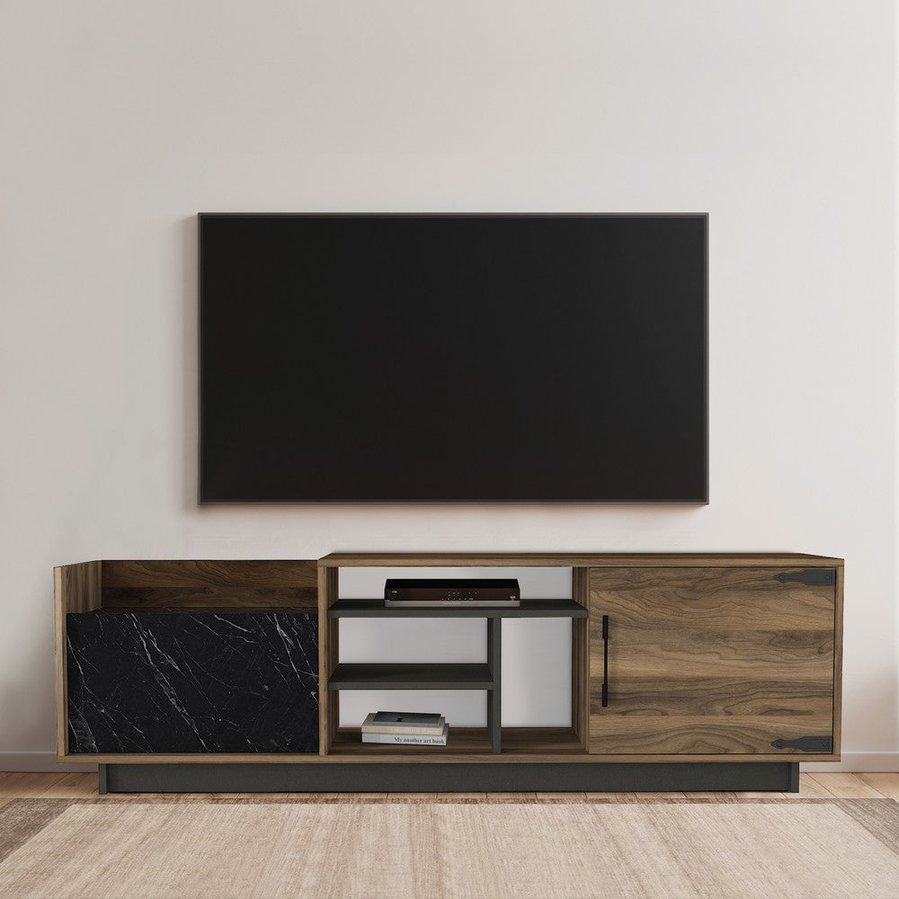 71 Inch Modern Wooden TV Console Cabinet, 2 Doors, 4 Open Compartments, Walnut and Black - UPT-272765