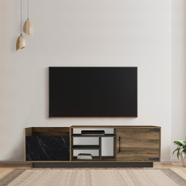71 Inch Modern Wooden TV Console Cabinet, 2 Doors, 4 Open Compartments, Walnut and Black - UPT-272765