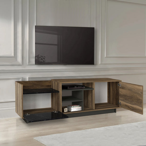 71 Inch Modern Wooden TV Console Cabinet, 2 Doors, 4 Open Compartments, Walnut and Black - UPT-272765