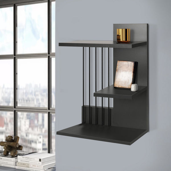 16 Inch 3 Tier Rectangular Wood Floating Wall Mount Shelf with Vertical Bars Accent, Charcoal Gray - UPT-272767