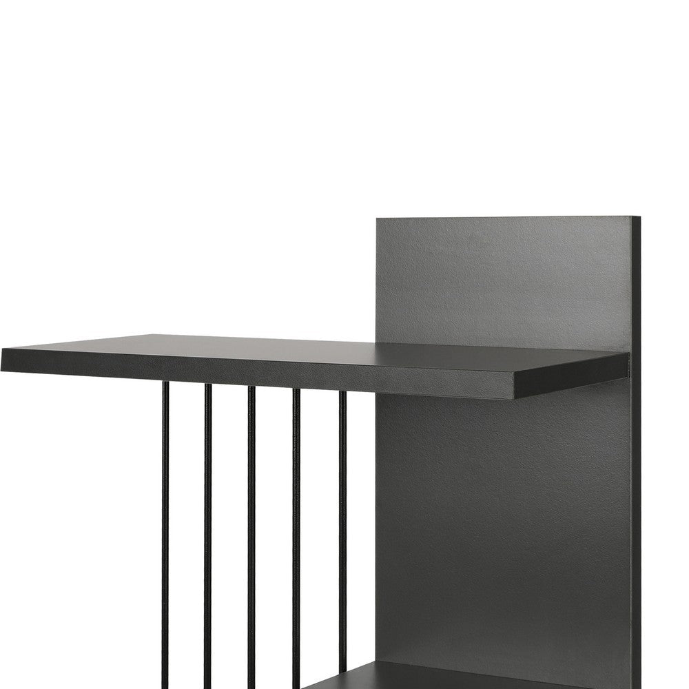 16 Inch 3 Tier Rectangular Wood Floating Wall Mount Shelf with Vertical Bars Accent, Charcoal Gray - UPT-272767