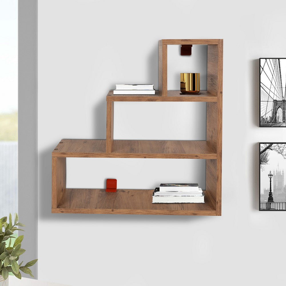 24 Inch Farmhouse Style 3 Tier Wood Floating Wall Mount Shelf with Staggered Design, Natural Brown - UPT-272769
