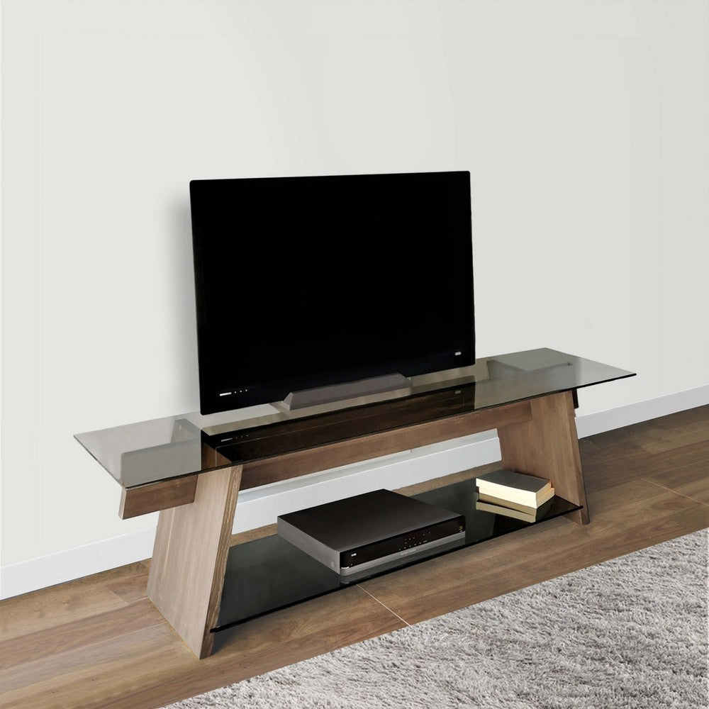 62 Inch Modern Tempered Glass Rectangular Top TV Console Stand, Wood Frame, Glass Bottom Shelf, Black, Brown - UPT-272774