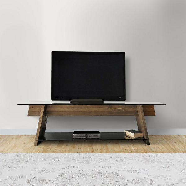 62 Inch Modern Tempered Glass Rectangular Top TV Console Stand, Wood Frame, Glass Bottom Shelf, Black, Brown - UPT-272774