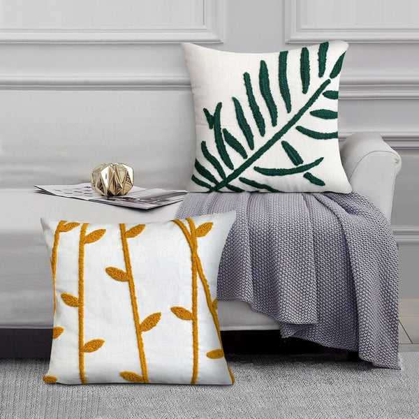 17 x 17 Inch Square Cotton Accent Throw Pillows, Leaf Embroidery, Set of 2, White, Green, Yellow - UPT-272775