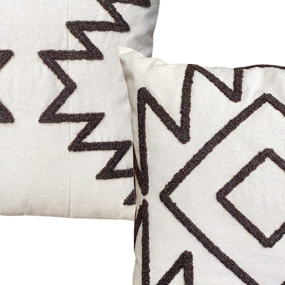 17 x 17 Inch Square Cotton Accent Throw Pillows, Geometric Aztec Embroidery, Set of 2, White, Gray - UPT-272776
