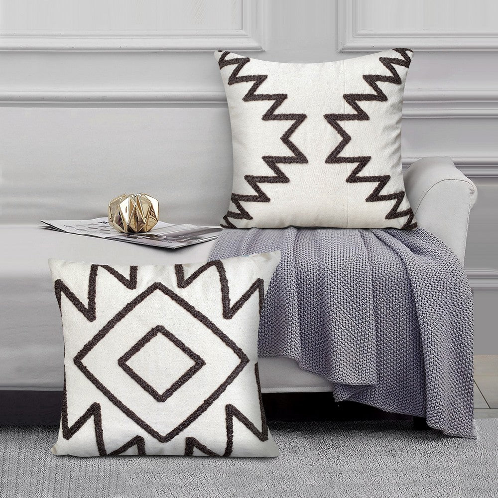 17 x 17 Inch Square Cotton Accent Throw Pillows, Geometric Aztec Embroidery, Set of 2, White, Gray - UPT-272776