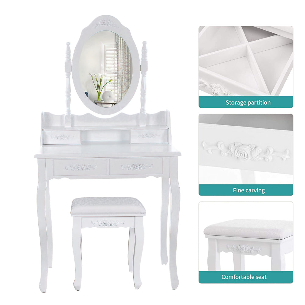 Ren 30 Inch 3 Piece Vanity Desk Set with Rotating Mirror and Matching Stool, 4 Drawers, Pure White Solid Wood - UPT-272876