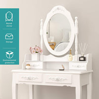 Ren 30 Inch 3 Piece Vanity Desk Set with Rotating Mirror and Matching Stool, 4 Drawers, Pure White Solid Wood - UPT-272876