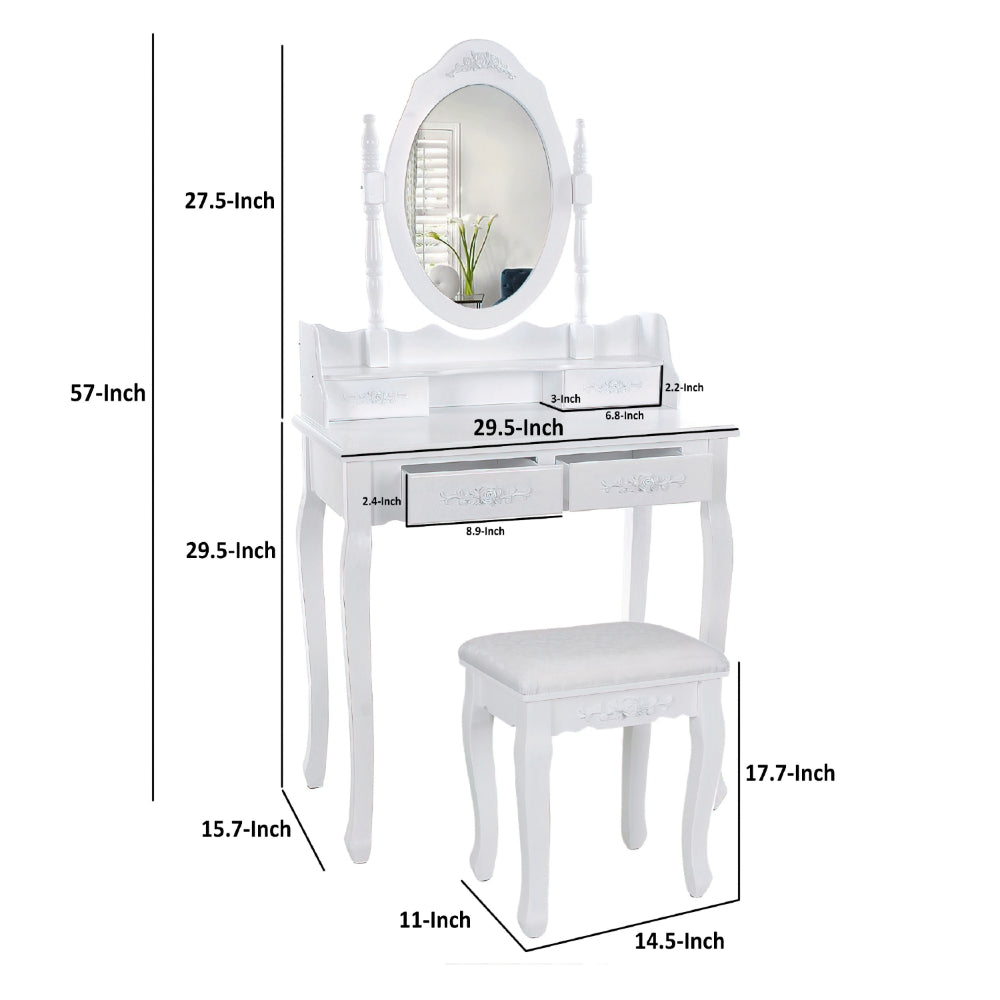 Ren 30 Inch 3 Piece Vanity Desk Set with Rotating Mirror and Matching Stool, 4 Drawers, Pure White Solid Wood - UPT-272876