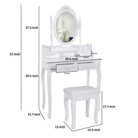 Ren 30 Inch 3 Piece Vanity Desk Set with Rotating Mirror and Matching Stool, 4 Drawers, Pure White Solid Wood - UPT-272876