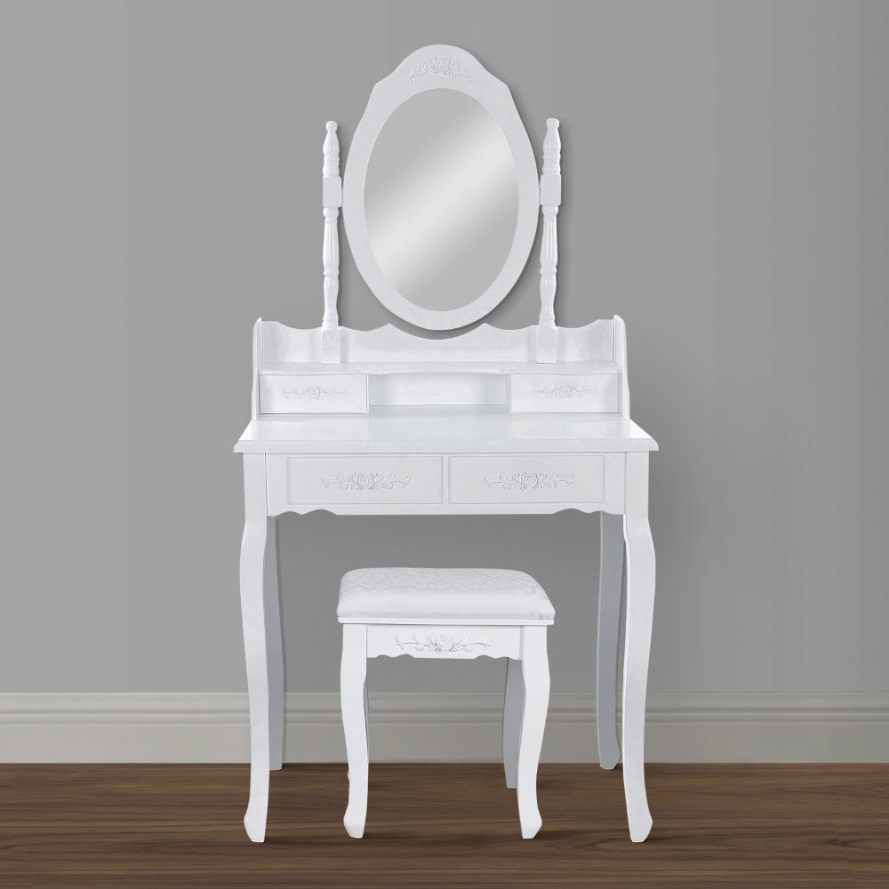 Ren 30 Inch 3 Piece Vanity Desk Set with Rotating Mirror and Matching Stool, 4 Drawers, Pure White Solid Wood - UPT-272876