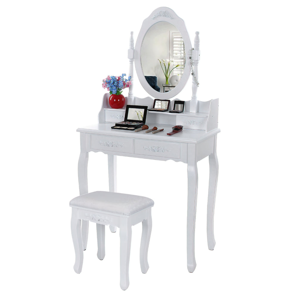 Ren 30 Inch 3 Piece Vanity Desk Set with Rotating Mirror and Matching Stool, 4 Drawers, Pure White Solid Wood - UPT-272876