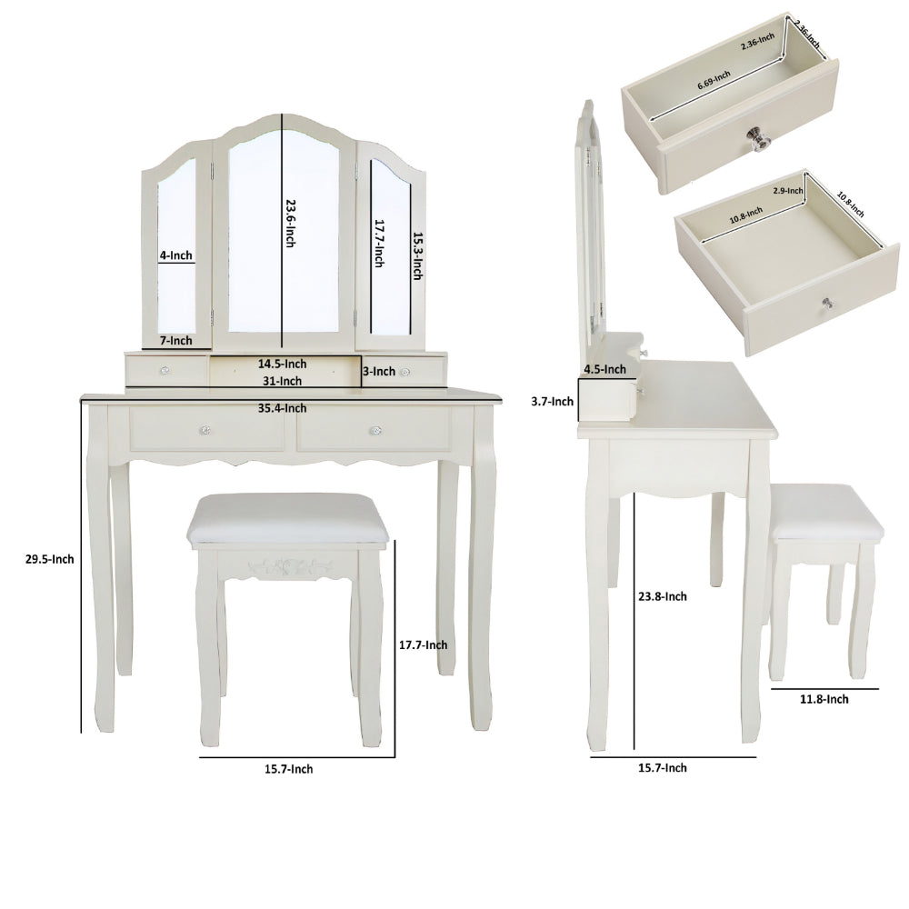 35 Inch 3 Piece Vanity Desk Set with Cushioned Stool and Elegant Trifold Mirror, 4 Drawers, Off White Solid Wood - UPT-272877