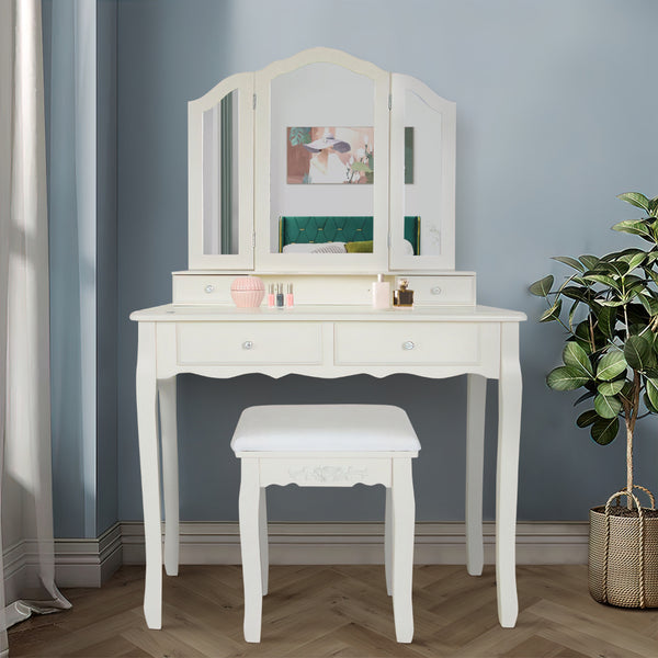 35 Inch 3 Piece Vanity Desk Set with Cushioned Stool and Elegant Trifold Mirror, 4 Drawers, Off White Solid Wood - UPT-272877