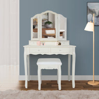 35 Inch 3 Piece Vanity Desk Set with Cushioned Stool and Elegant Trifold Mirror, 4 Drawers, Off White Solid Wood - UPT-272877