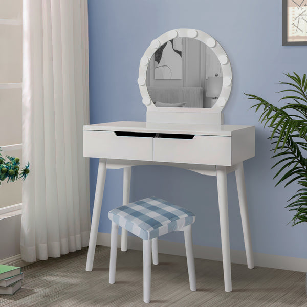 32 Inch 3 Piece Vanity Dressing Table Set with LED Mirror, 2 Drawers, Cushioned Stool, White Solid Wood - UPT-272879