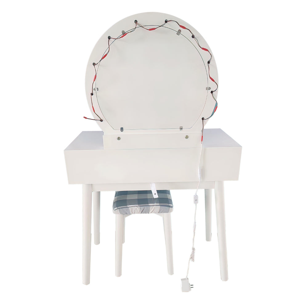 32 Inch 3 Piece Vanity Dressing Table Set with LED Mirror, 2 Drawers, Cushioned Stool, White Solid Wood - UPT-272879