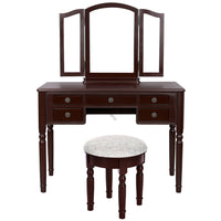 43 Inch 3 Piece Vanity Desk Set with Elegant Trifold Mirror and a Cushioned Stool, Espresso Brown Solid Wood - UPT-272880