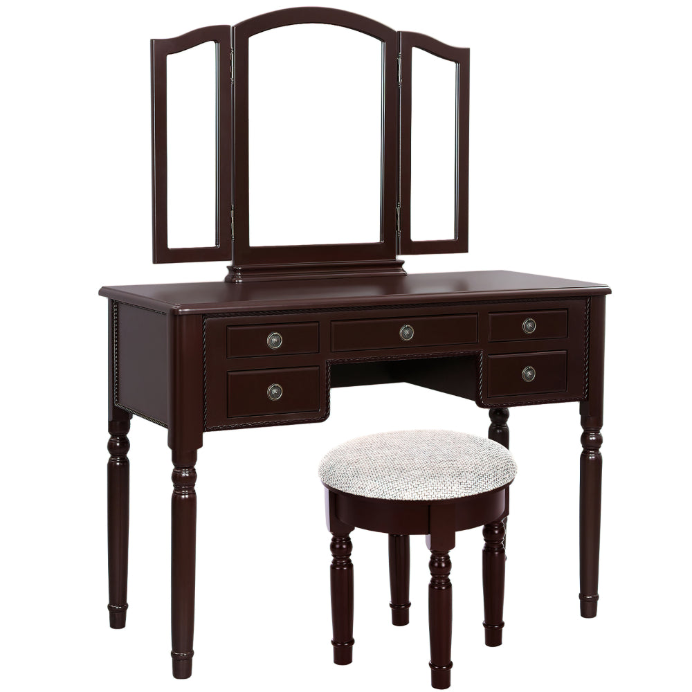 43 Inch 3 Piece Vanity Desk Set with Elegant Trifold Mirror and a Cushioned Stool, Espresso Brown Solid Wood - UPT-272880